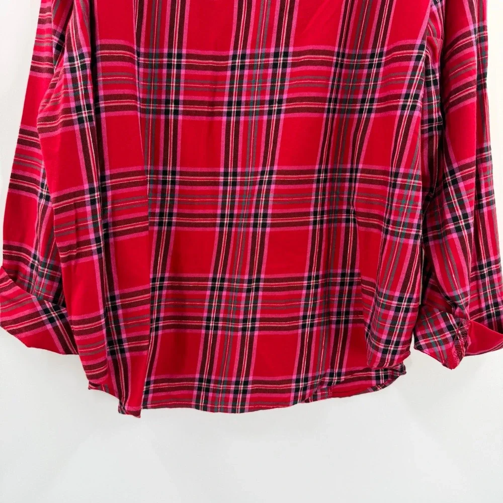 Victorias Secret Red Pink Plaid Pajama Top XL/XG Metallic Lurex & Scrunchie NEW